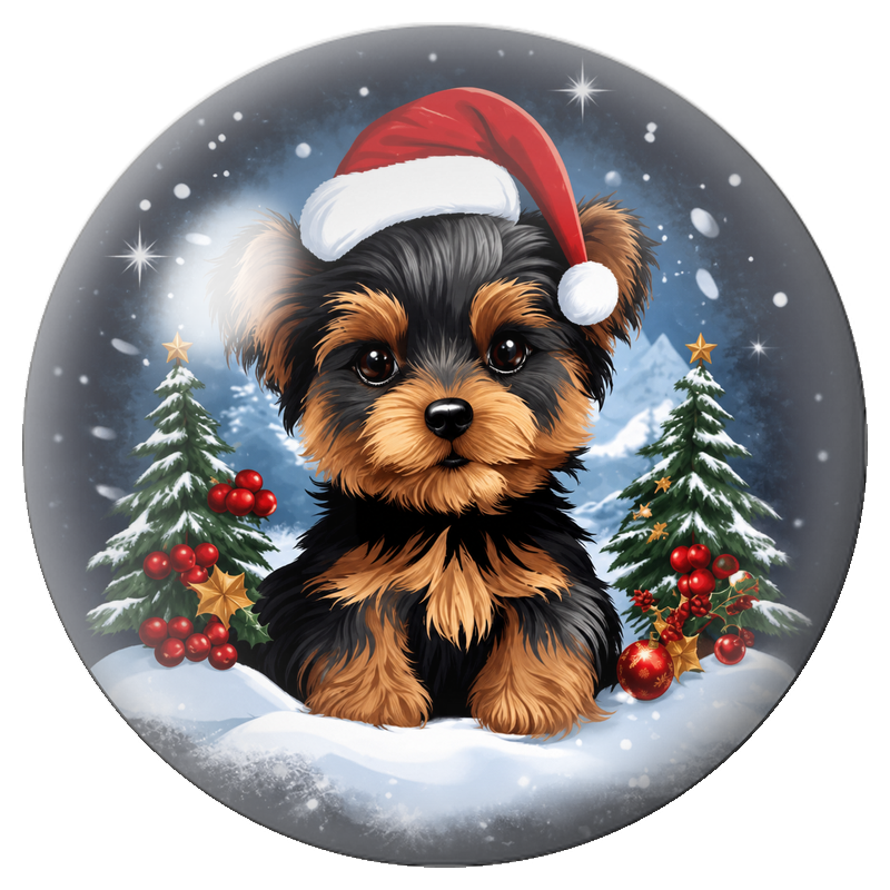 Cabochon en Verre Illustré Chiot de Noël devant les Sapins Enneigés 12 à 25mm