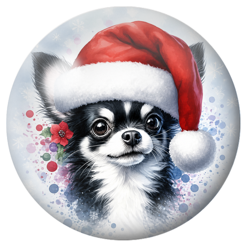 Cabochon en Verre Illustré Chihuahua Noir et Blanc au Bonnet de Noël 12 à 25mm
