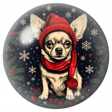 Cabochon en Verre Illustré Chihuahua à l’Écharpe Rouge sous les Flocons 12 à 25mm pour la Création de Bijoux Fantaisie - DIY