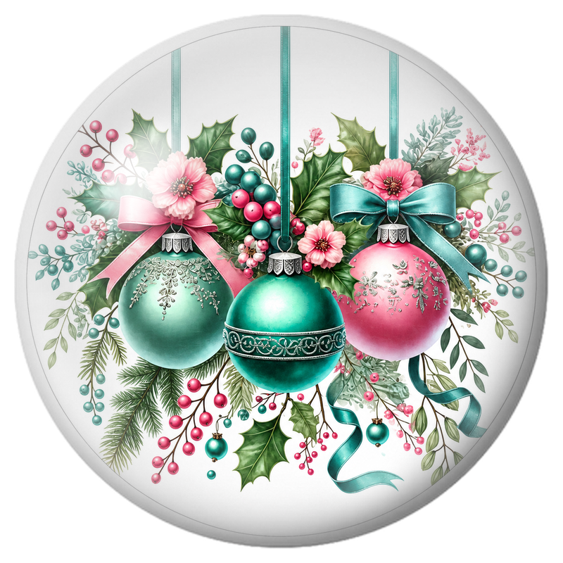 Cabochon en Verre Illustré Boules de Noël Turquoise et Roses au Houx 12 à 25mm