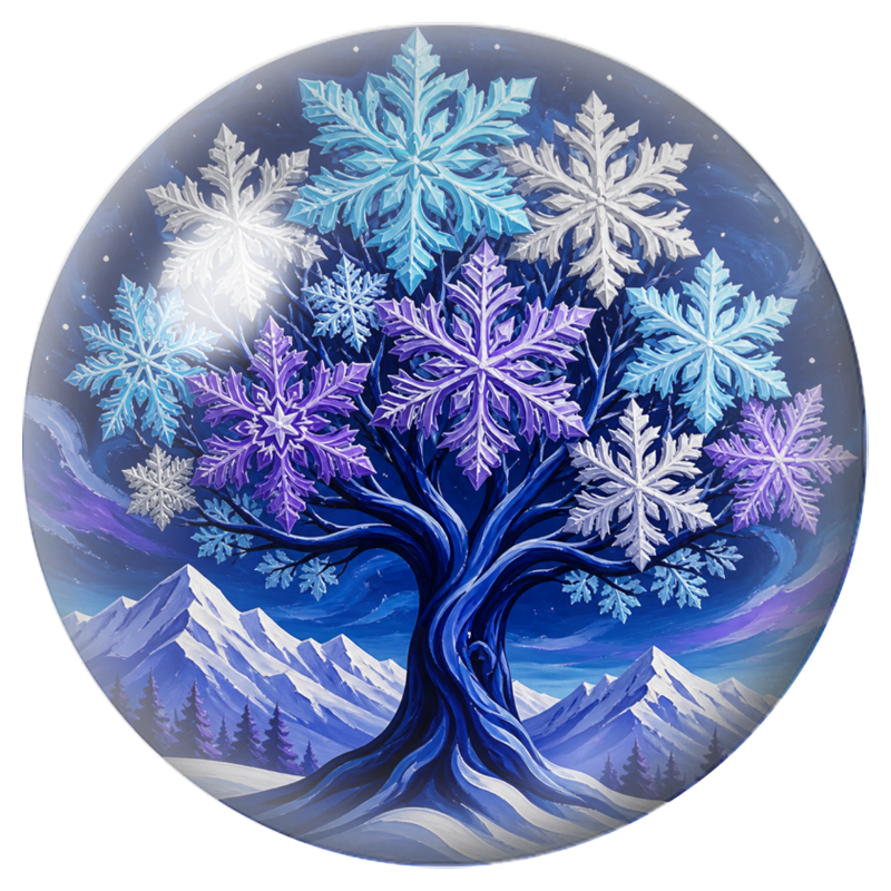 Cabochon en Verre Illustré Arbre aux Flocons Bleus et Violets 12 à 25mm