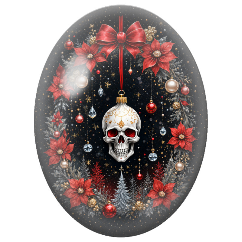 Cabochon en Verre Illustré Crâne de Noël aux Fleurs Rouges 13x18, 18x25 ou 30x40mm pour la Création de Bijoux Fantaisie - DIY
