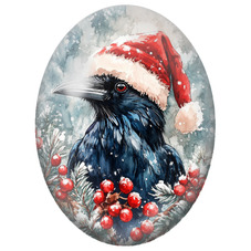 Cabochon en Verre Illustré Corbeau de Noël parmi les Baies Rouges 13x18, 18x25 ou 30x40mm pour la Création de Bijoux Fantaisie