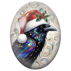 Cabochon en Verre Illustré Corbeau de Noël au Chapeau Rouge 13x18, 18x25 ou 30x40mm pour la Création de Bijoux Fantaisie - DIY