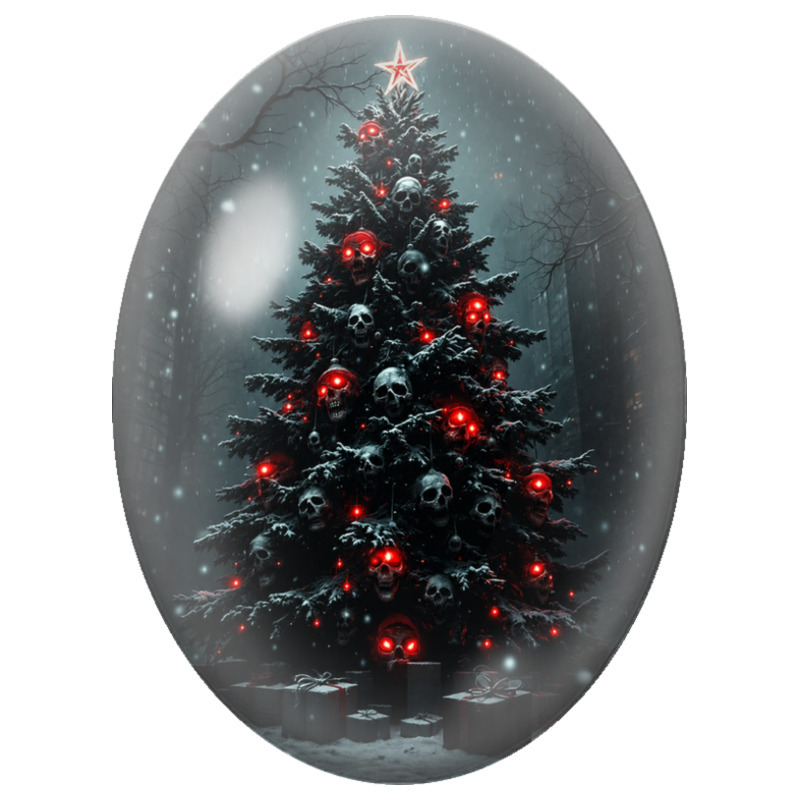 Cabochon en Verre Illustré Sapin de Noël aux Crânes et Lumières Rouges 13x18, 18x25 ou 30x40mm pour la Création de Bijoux