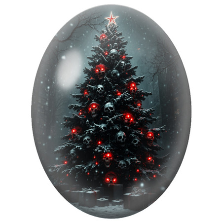 Cabochon en Verre Illustré Sapin de Noël aux Crânes et Lumières Rouges 13x18, 18x25 ou 30x40mm