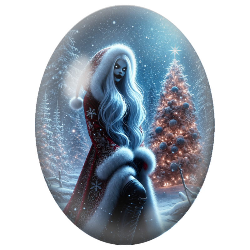 Cabochon en Verre Illustré Dame Gothique de Noël dans la Forêt Enneigée 13x18, 18x25 ou 30x40mm pour la Création de Bijoux