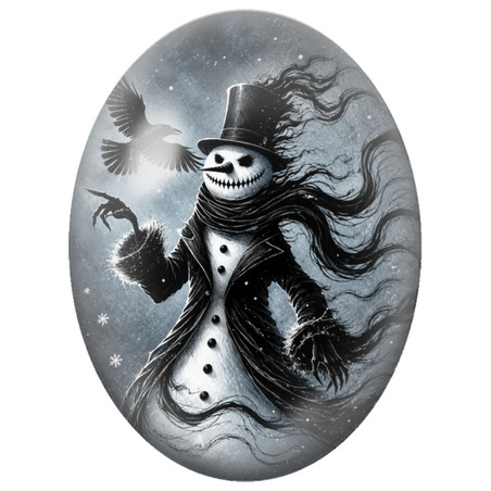 Cabochon en Verre Illustré Bonhomme de Neige au Chapeau Noir et au Corbeau 13x18, 18x25 ou 30x40mm
