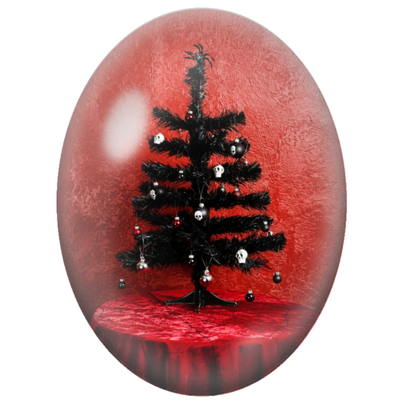 Cabochon en Verre Illustré Sapin de Noël Noir aux Crânes et aux Nœuds Rouges 13x18, 18x25 ou 30x40mm pour la Création de Bijoux