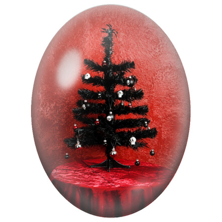 Cabochon en Verre Illustré Sapin de Noël Noir aux Crânes et aux Nœuds Rouges 13x18, 18x25 ou 30x40mm