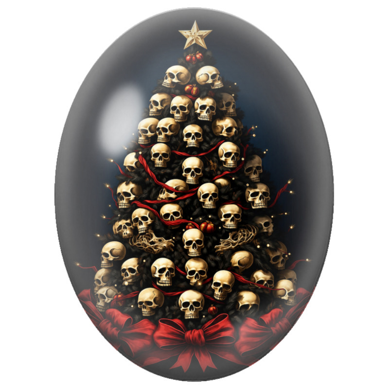 Cabochon en Verre Illustré Sapin de Noël aux Nombreux Crânes et aux Rubans Rouges 13x18, 18x25 ou 30x40mm - DIY