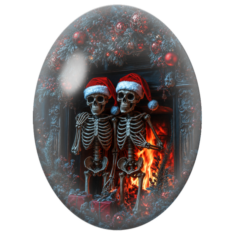 Cabochon en Verre Illustré Couple de Squelettes de Noël près de la Cheminée 13x18, 18x25 ou 30x40mm pour la Création de Bijoux
