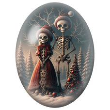 Cabochon en Verre Illustré Couple de Squelettes dans la Neige près du Sapin 13x18, 18x25 ou 30x40mm pour la Création de Bijoux