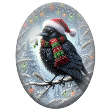 Cabochon en Verre Illustré Corbeau de Noël à l’Écharpe Rouge et Verte 13x18, 18x25 ou 30x40mm pour la Création de Bijoux