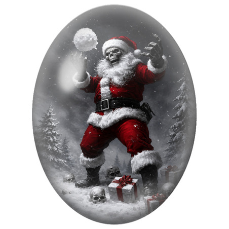 Cabochon en Verre Illustré Père Noël Squelette Jouant avec une Boule de Neige 13x18, 18x25 ou 30x40mm