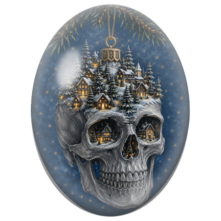Cabochon en Verre Illustré Crâne de Noël aux Villages Illuminés 13x18, 18x25 ou 30x40mm