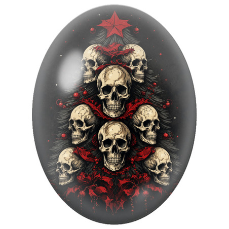 Cabochon en Verre Illustré Sapin de Noël aux Crânes et aux Nœuds Rouges 13x18, 18x25 ou 30x40mm