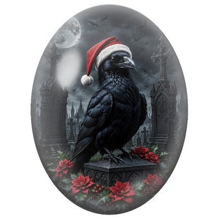 Cabochon en Verre Illustré Boule de Noël aux Roses Rouges et aux Chauves-Souris 13x18, 18x25 ou 30x40mm