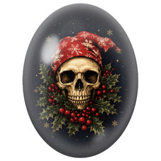 Cabochon en Verre Illustré Crâne de Noël au Chapeau Rouge et aux Baies 13x18, 18x25 ou 30x40mm pour la Création de Bijoux