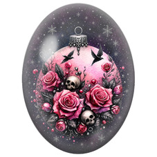 Cabochon en Verre Illustré Boule de Noël au Crâne et aux Roses Roses 13x18, 18x25 ou 30x40mm pour la Création de Bijoux