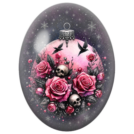 Cabochon en Verre Illustré Boule de Noël au Crâne et aux Roses Roses 13x18, 18x25 ou 30x40mm
