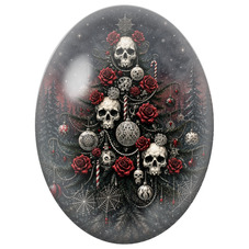 Cabochon en Verre Illustré Sapin de Noël aux Roses Rouges et aux Crânes 13x18, 18x25 ou 30x40mm pour la Création de Bijoux
