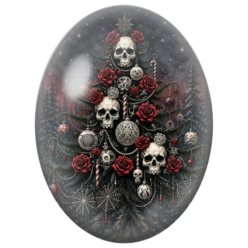 Cabochon en Verre Illustré Sapin de Noël aux Roses Rouges et aux Crânes 13x18, 18x25 ou 30x40mm pour la Création de Bijoux