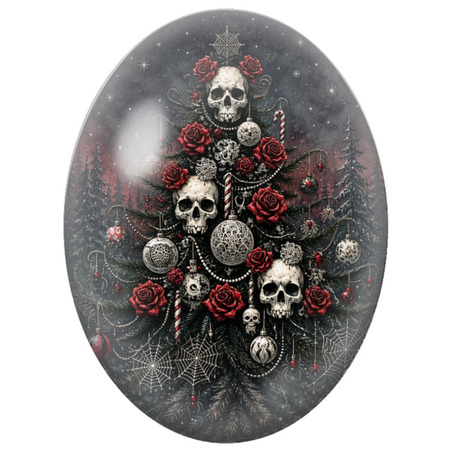 Cabochon en Verre Illustré Sapin de Noël aux Roses Rouges et aux Crânes 13x18, 18x25 ou 30x40mm