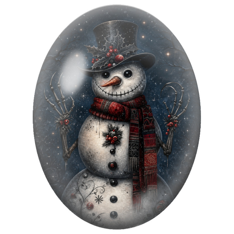 Cabochon en Verre Illustré Bonhomme de Neige au Chapeau Haut-de-Forme et à l’Écharpe Rouge 13x18, 18x25 ou 30x40mm - DIY