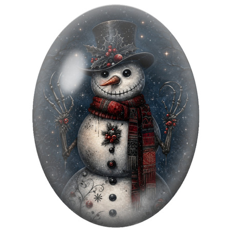 Cabochon en Verre Illustré Bonhomme de Neige au Chapeau Haut-de-Forme et à l’Écharpe Rouge 13x18, 18x25 ou 30x40mm