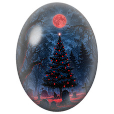 Cabochon en Verre Illustré Sapin de Noël dans un Cimetière sous la Lune Rouge 13x18, 18x25 ou 30x40mm pour la Création de Bijoux