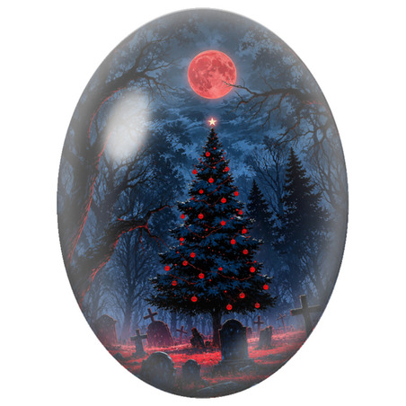 Cabochon en Verre Illustré Sapin de Noël dans un Cimetière sous la Lune Rouge 13x18, 18x25 ou 30x40mm