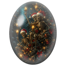 Cabochon en Verre Illustré Squelettes Réunis autour d’un Sapin Illuminé 13x18, 18x25 ou 30x40mm pour la Création de Bijoux