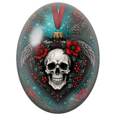 Cabochon en Verre Illustré Crâne de Noël dans un Cœur Noir Fleuri 13x18, 18x25 ou 30x40mm pour la Création de Bijoux Fantaisie