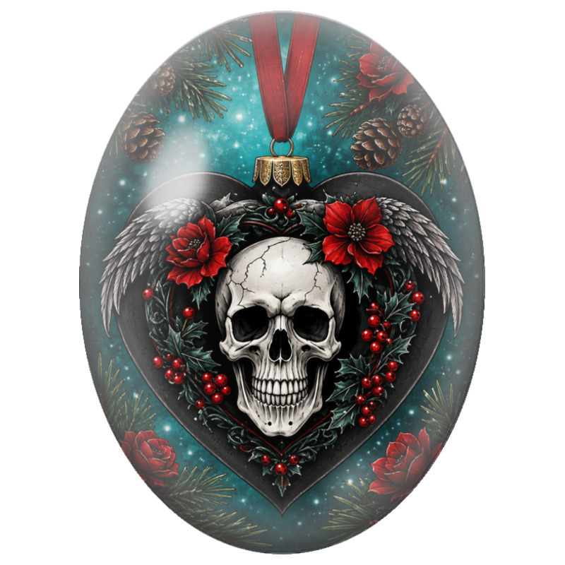 Cabochon en Verre Illustré Crâne de Noël dans un Cœur Noir Fleuri 13x18, 18x25 ou 30x40mm pour la Création de Bijoux Fantaisie