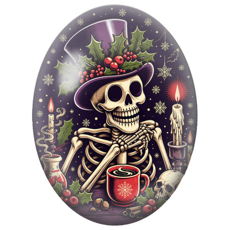 Cabochon en Verre Illustré Squelette de Noël autour d’un Chocolat Chaud 13x18, 18x25 ou 30x40mm