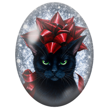 Cabochon en Verre Illustré Chat Noir de Noël au Nœud Rouge 13x18, 18x25 ou 30x40mm
