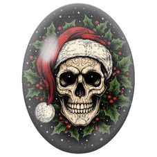 Cabochon en Verre Illustré Crâne de Noël au Bonnet Rouge et au Houx 13x18, 18x25 ou 30x40mm pour la Création de Bijoux Fantaisie