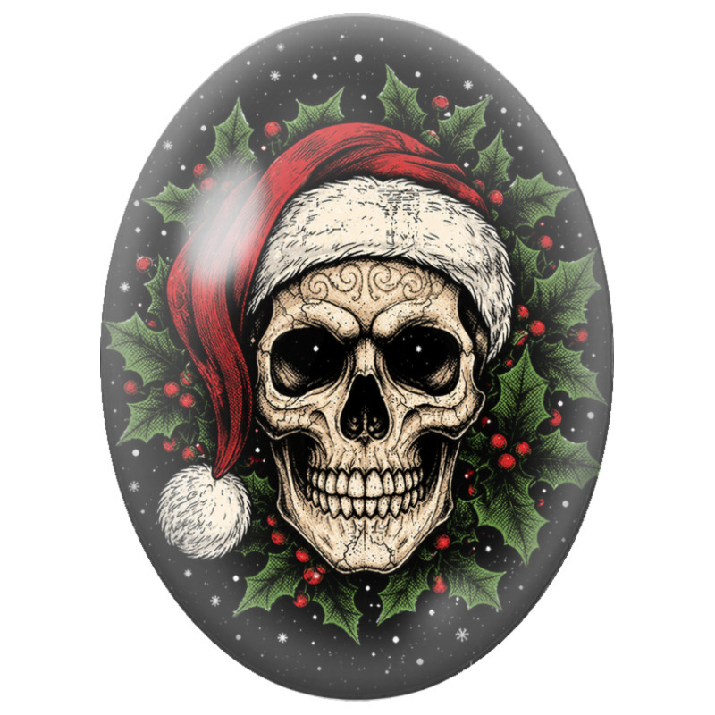 Cabochon en Verre Illustré Crâne de Noël au Bonnet Rouge et au Houx 13x18, 18x25 ou 30x40mm pour la Création de Bijoux Fantaisie