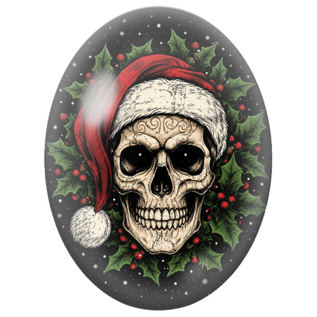 Cabochon en Verre Illustré Crâne de Noël au Bonnet Rouge et au Houx 13x18, 18x25 ou 30x40mm