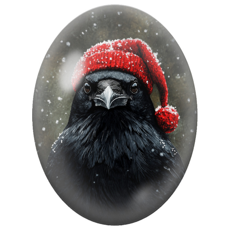 Cabochon en Verre Illustré Corbeau de Noël au Bonnet Rouge 13x18, 18x25 ou 30x40mm pour la Création de Bijoux Fantaisie - DIY
