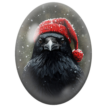 Cabochon en Verre Illustré Corbeau de Noël au Bonnet Rouge 13x18, 18x25 ou 30x40mm