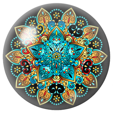 Cabochon en Verre Illustré Mandala Turquoise, Orange et Rouge 12 à 25mm