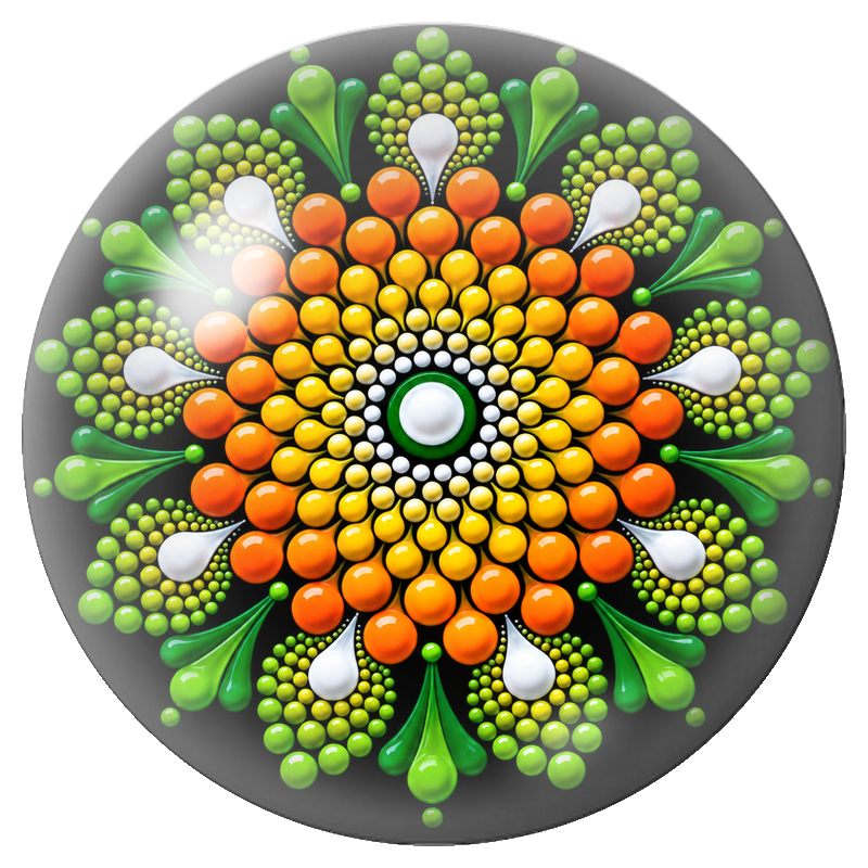 Cabochon en Verre Illustré Mandala de Perles Vertes, Jaunes et Orange 12 à 25mm pour la Création de Bijoux Fantaisie - DIY