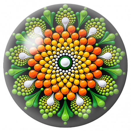 Cabochon en Verre Illustré Mandala de Perles Vertes, Jaunes et Orange 12 à 25mm