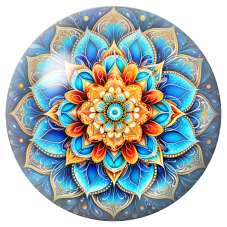 Cabochon en Verre Illustré Mandala Bleu, Turquoise, Orange et Or 12 à 25mm pour la Création de Bijoux Fantaisie - DIY