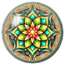 Cabochon en Verre Illustré Mandala Floral Vert, Rose et Or 12 à 25mm pour la Création de Bijoux Fantaisie - DIY