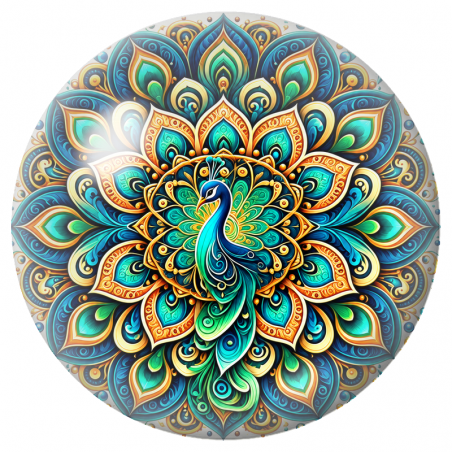 Cabochon en Verre Illustré Mandala Paon Bleu, Vert et Or 12 à 25mm