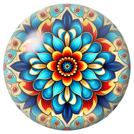 Cabochon en Verre Illustré Mandala Bleu, Rouge et Or 12 à 25mm
