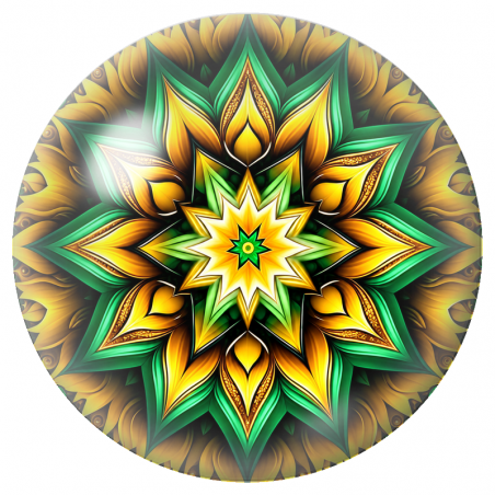 Cabochon en Verre Illustré Mandala Vert et Jaune Doré 12 à 25mm